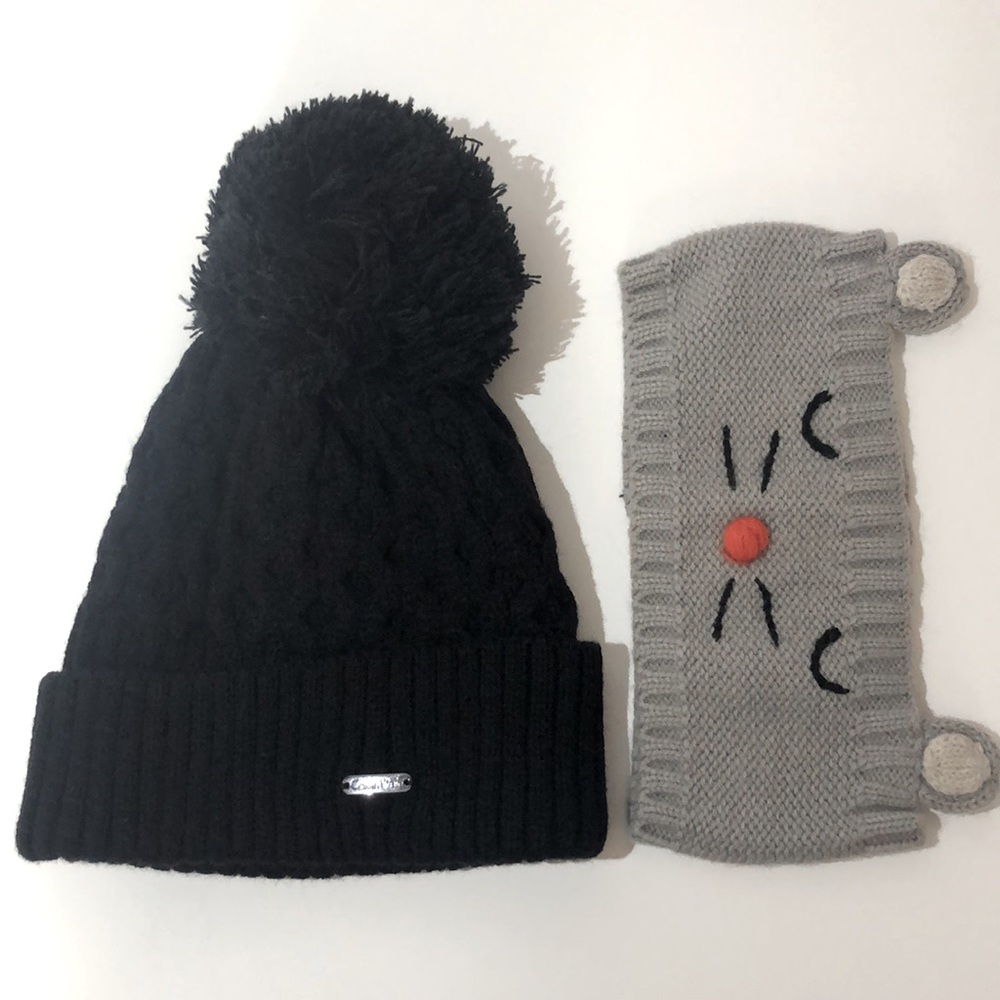 CALVIN KLEIN Black Beanie Pom Pom Hat Cat Kitty Headband